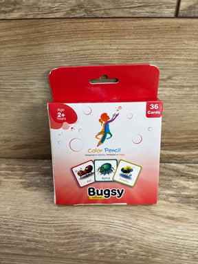 Bugsy flashcards for kids, ages 2+, featuring ant, aphid, and firefly on wood background