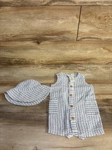 Caribbean Joe 2pc Striped Button-Up Shortie Romper & Hat Set White sz 6-9m