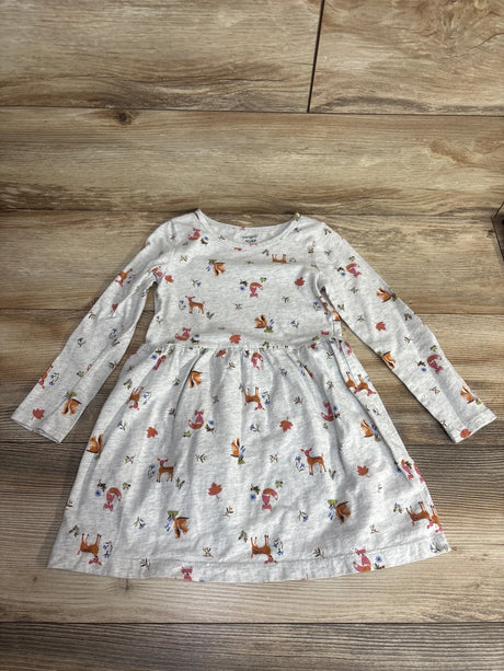 Light gray long-sleeve toddler dress with woodland animal and floral print on wooden floor