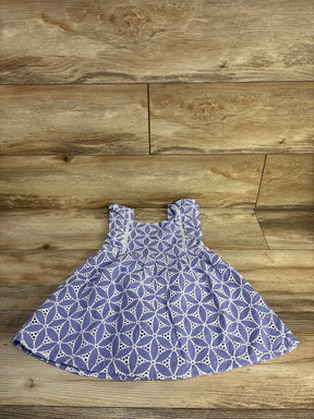 Front flat-lay of Janie & Jack purple eyelet petal toddler dress (3T) showing ruffled shoulder straps and circular eyelet pattern on wood floor