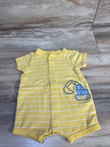 Front view of Carter's yellow striped shortie romper size 3M with blue excavator applique and snap front closure laid flat
