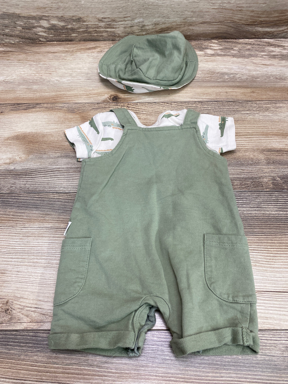 Rabbit + Bear 3pc Alligator Shortall Set Cream/Green sz 3-6m