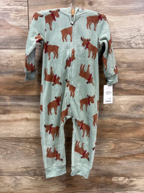 Soft baby fleece onesie with moose print, zip front, hooded, 12m size, cozy winter sleepwear for infants