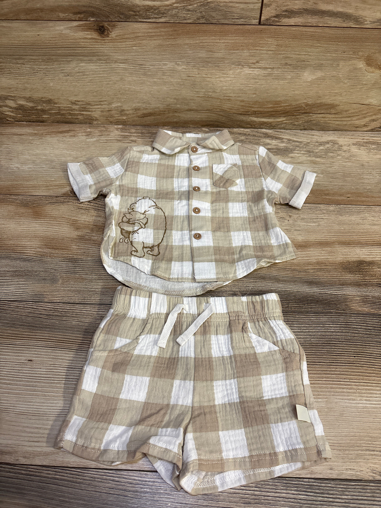 Disney Winnie The Pooh 2pc Gauze Button-Up Shirt & Shorts Set Beige sz 0/3m