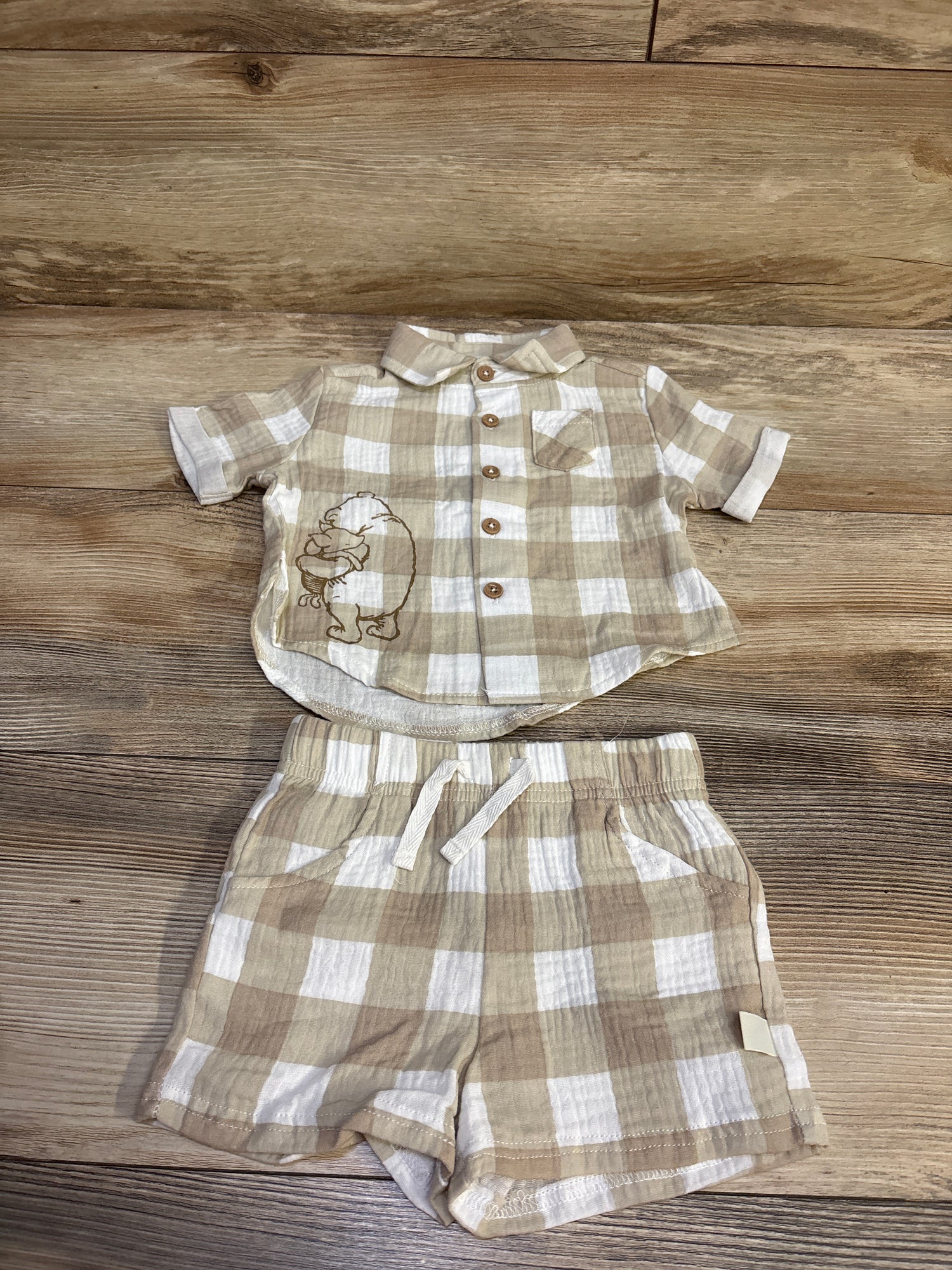 Disney Winnie The Pooh 2pc Gauze Button-Up Shirt & Shorts Set Beige sz 0/3m