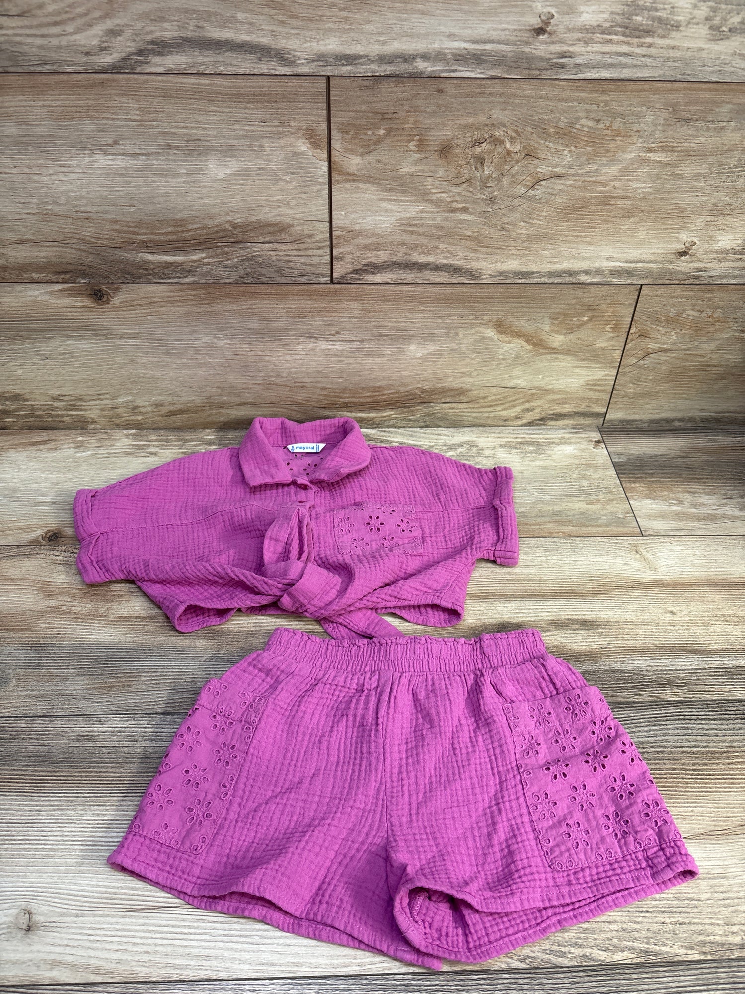 Mayoral 2pc Gauze Eyelet Cropped Blouse & Shorts Set Pink sz 5T
