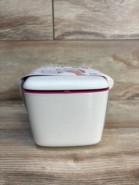 White baby wipe dispenser with purple seal, ideal for maternity and baby gear essentials