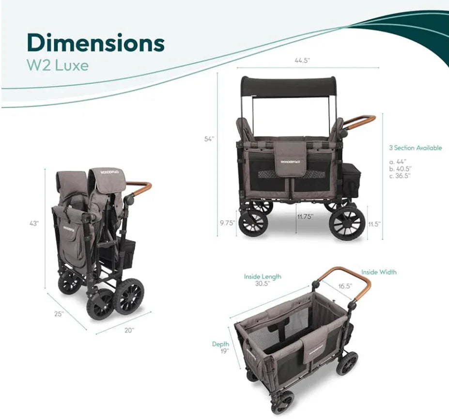 NEW WONDERFOLD W2 Luxe Double Stroller Wagon 2 Seater - Charcoal Grey