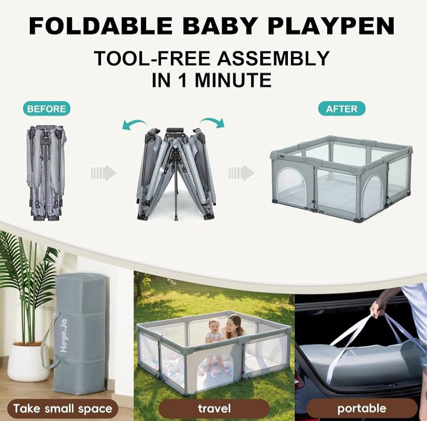 Heyo.ja Foldable 59x71'' Playpen with Mat, Grey