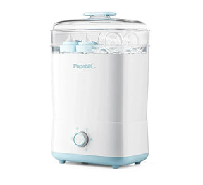 Front view of Papablic baby bottle sterilizer and dryer showing clear lid, control knob, and blue base on white background