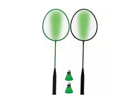Kids badminton set with two rackets and two green shuttlecocks on white background