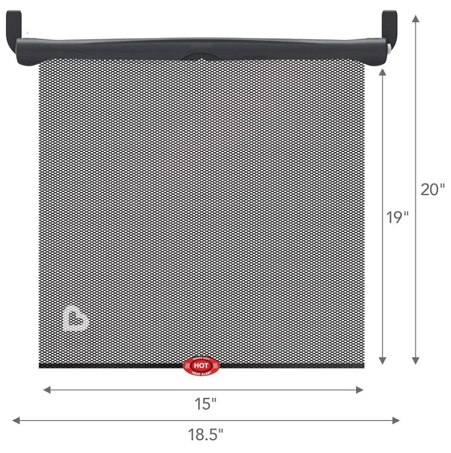 Front view of Munchkin Sun Safety roller shades 2pk showing black mesh, 15-inch width, 19-inch shade height, and 20-inch height