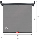 Front view of Munchkin Sun Safety roller shades 2pk showing black mesh, 15-inch width, 19-inch shade height, and 20-inch height