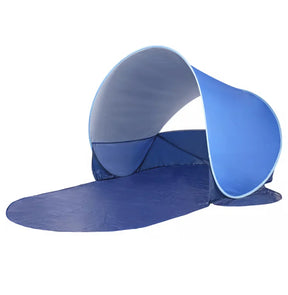 Blue pop-up beach tent with extended floor mat and UV sun protection