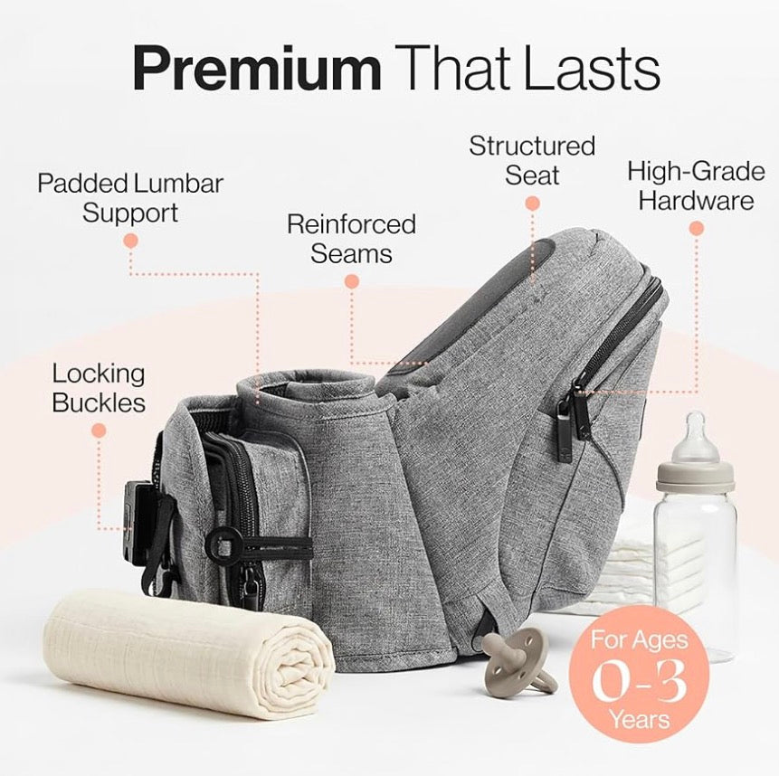 NEW Tushbaby Original Hip Seat Baby Carrier, Grey up to 45lbs