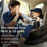Child secured in a Maxi-Cosi Andi convertible car seat as a parent gives a high five; fits children from birth to 10 years