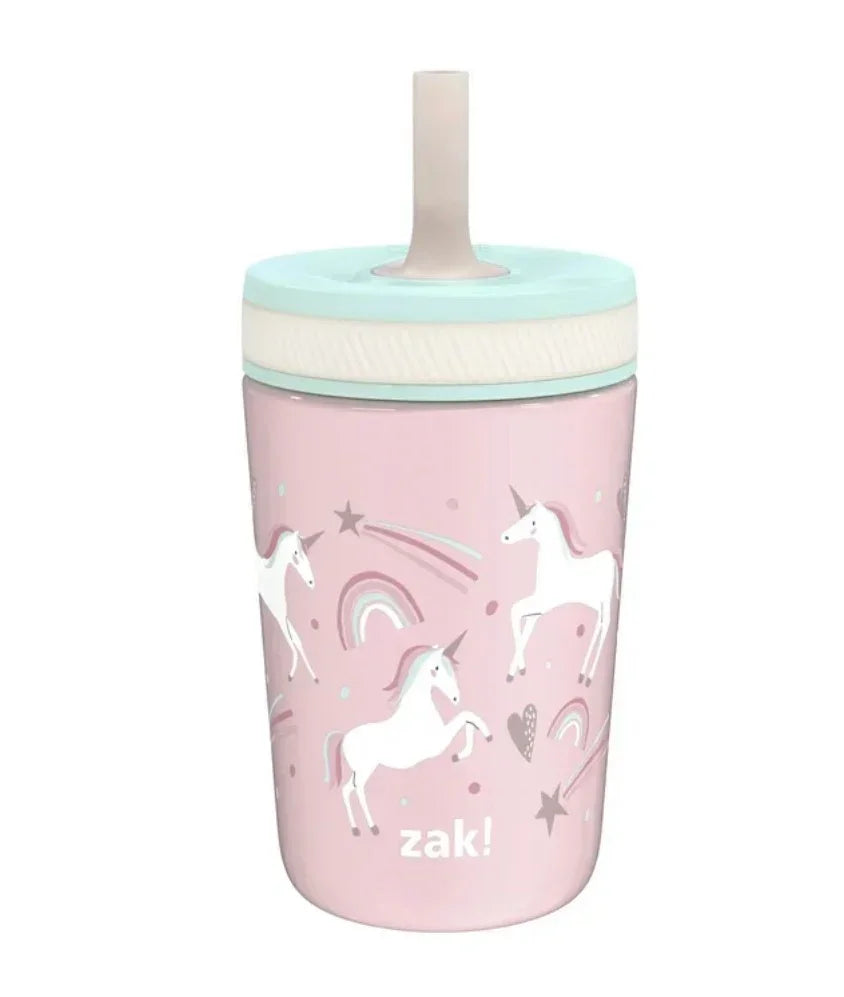 Front view of Zak Kelso 12 oz insulated kids tumbler showcasing pink unicorn print and mint lid with straw on white background