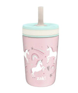 Front view of Zak Kelso 12 oz insulated kids tumbler showcasing pink unicorn print and mint lid with straw on white background
