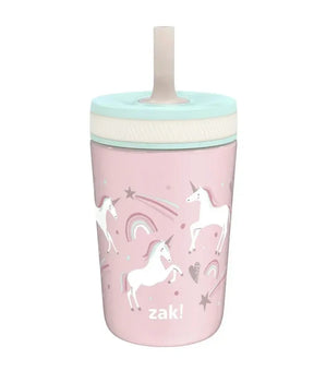 Front view of Zak Kelso 12 oz insulated kids tumbler showcasing pink unicorn print and mint lid with straw on white background