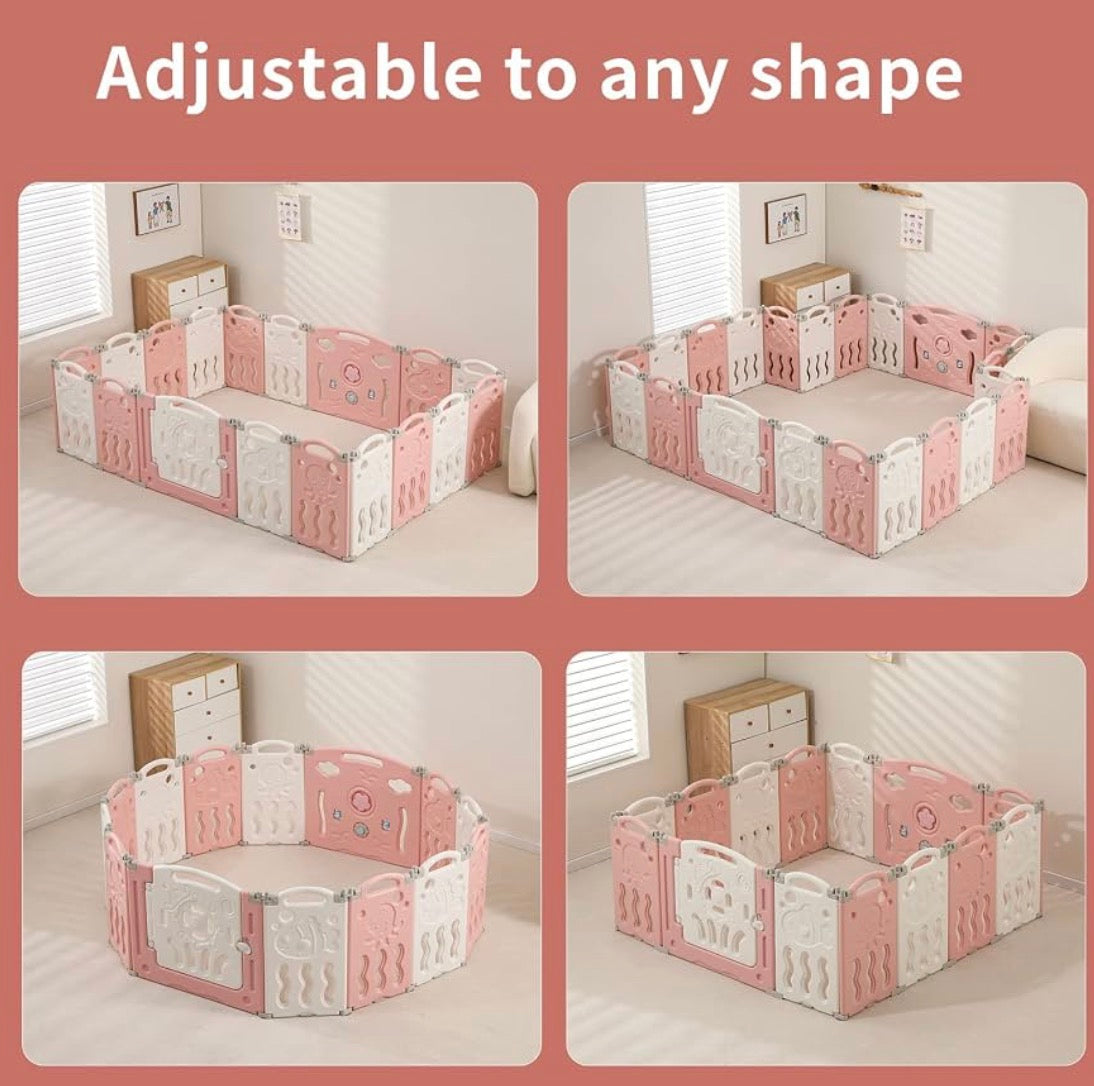 IFLETH 18-Panel Foldable Baby Playpen Pink/White