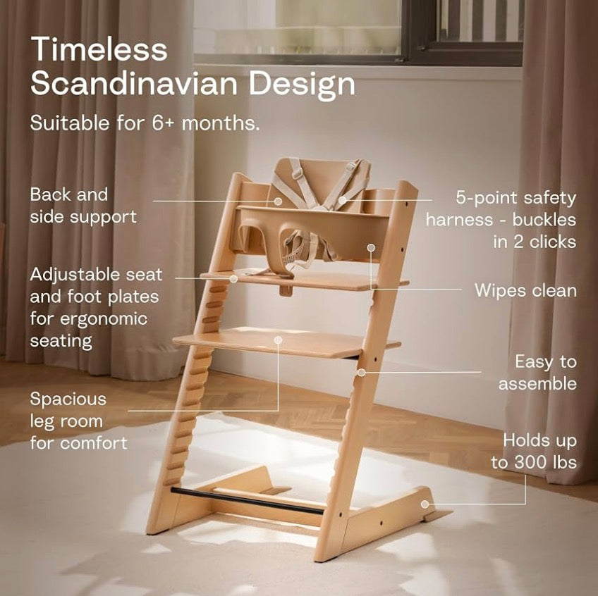 Timeless Scandinavian Design infographic showing a high chair with adjustable seating, safety harness, and 300-pound capacity