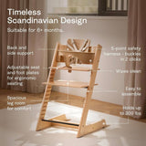 Timeless Scandinavian Design infographic showing a high chair with adjustable seating, safety harness, and 300-pound capacity