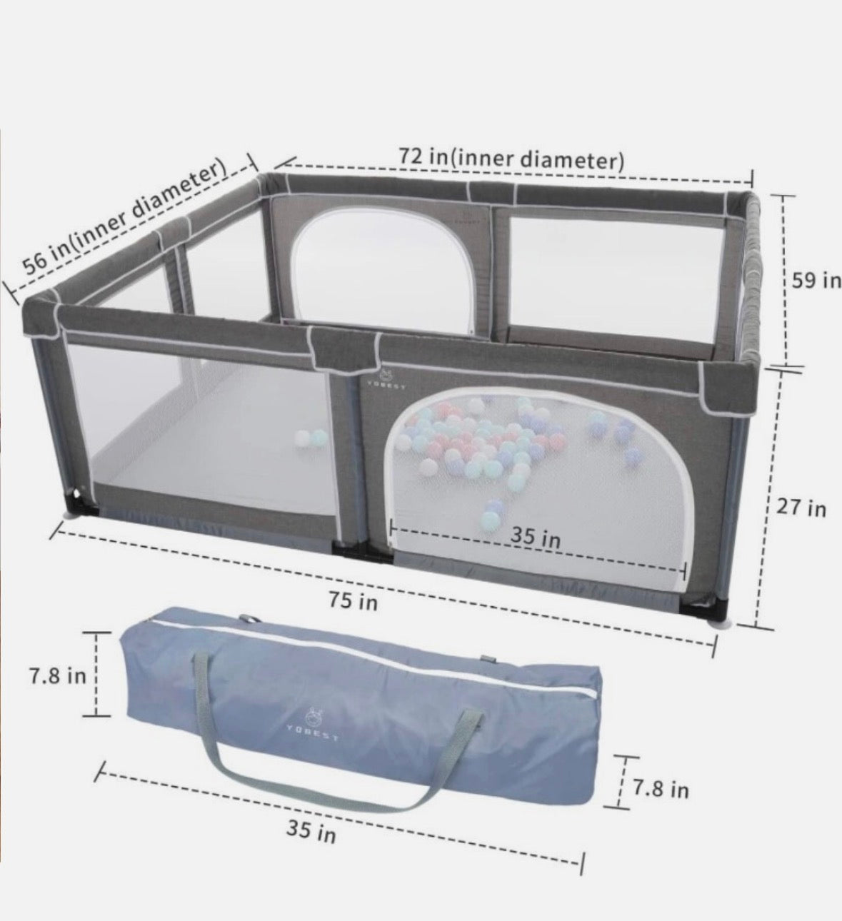 YOBEST Baby Playpen Grey 75'' x 57''