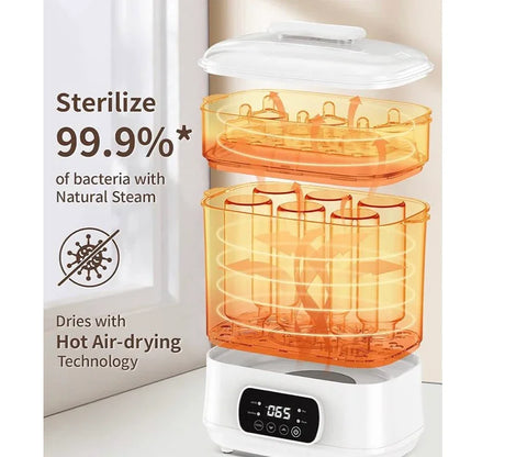 Baby bottle sterilizer and dryer with natural steam and hot air-drying technology