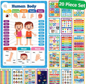 Front view of 20-piece classroom poster set showcasing a large labeled human body chart and thumbnails of number, alphabet, color, and shape posters