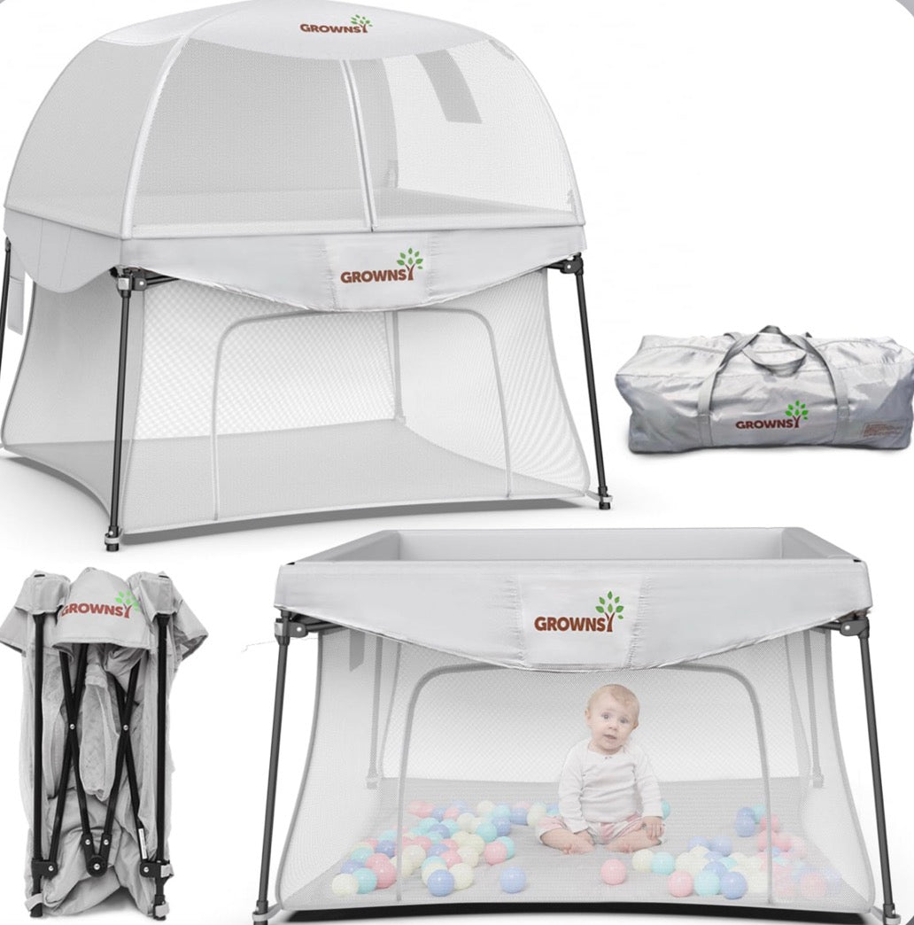 GROWNSY Foldable Indoor/Outdoor Playpen with Canopy Grey 48x48''
