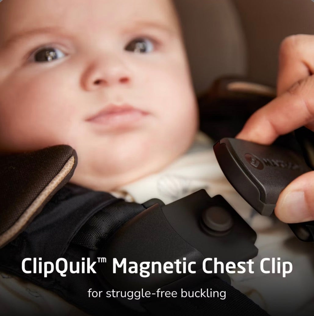 Baby in Maxi-Cosi Andi car seat with ClipQuik magnetic chest clip for struggle-free buckling