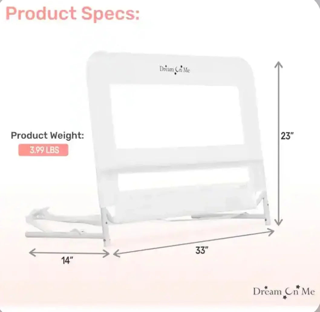 diagram showing white Dream On Me bed rail with arrows indicating 33 in length, 14 in depth, 23 in height and product weight 3.99 lb