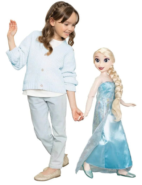 Full-length view of Jakks 32-inch Frozen Elsa doll with braided hair, blue gown and articulated arms on white background