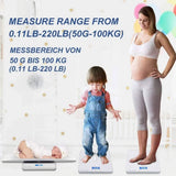 Front of MomMed baby scale showcasing digital display and range 0.11–220 lb (50 g–100 kg) with baby, toddler, pregnant woman