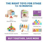 Promotional graphic showing recommended toys for 13–18 months: 3-in-1 educational toy, picture book "My Mood", instruction manual, stacking cups, flexible wooden stacker, pound bench, and shape puzzle; banner "Buy together, save more"