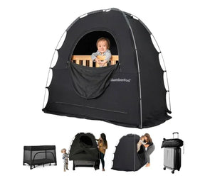 Black sleep pod tent covering baby crib, travel blackout canopy, portable for kids