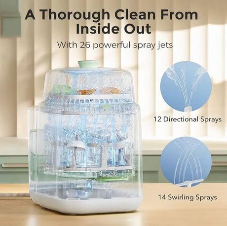 Front view of Momcozy KleanPal Pro baby bottle washer, sterilizer and dryer showcasing 26 powerful spray jets in a kitchen