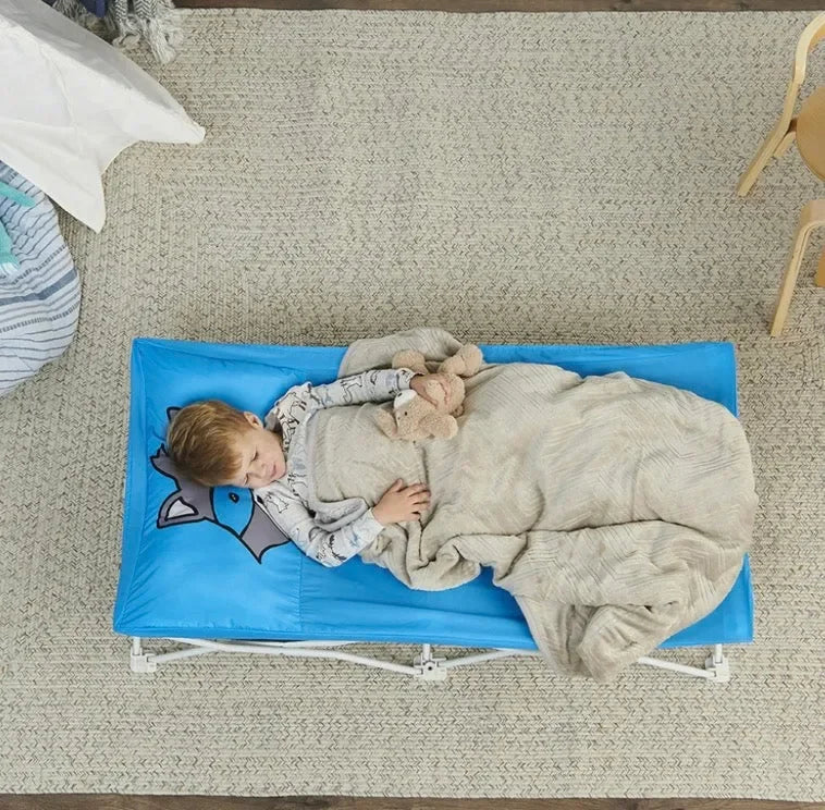Toddler sleeping on blue kids nap cot with stuffed animal and blanket in cozy room