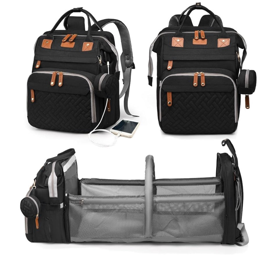 Good Mum Diaper Bag Backpack w/ Changing Station & Sunshade Black