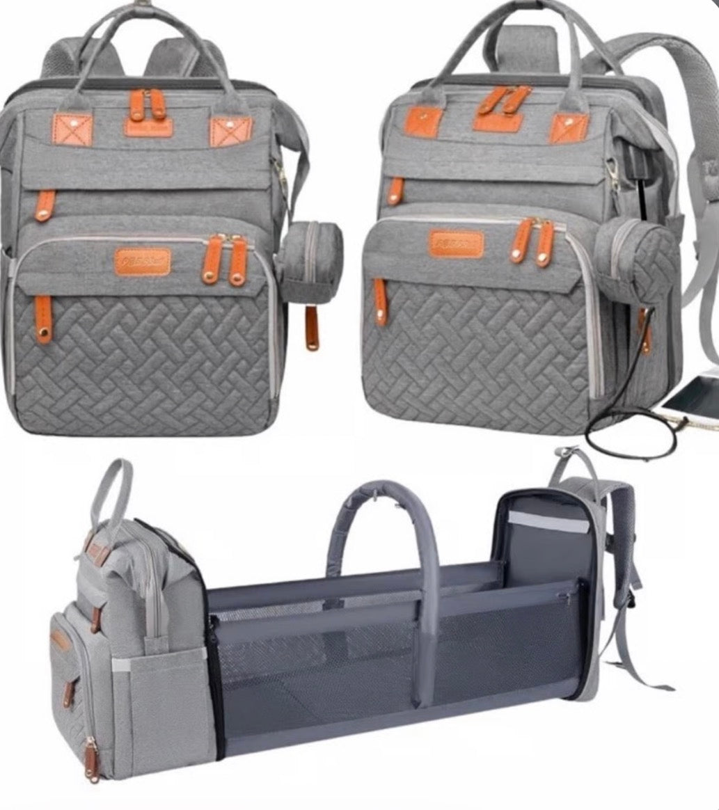 Good Mum Diaper Bag Backpack w/ Changing Station & Sunshade Grey