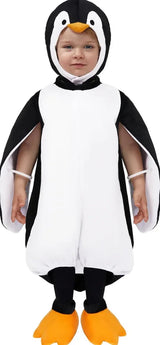 Child in adorable penguin costume with orange feet, perfect for kids' dress-up or Halloween