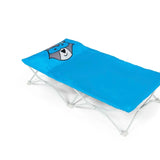 Blue portable kids cot with animal face pillow, foldable design, white frame