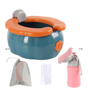 Kids travel potty set with blue and orange seat, pink bottle, bag, and liners