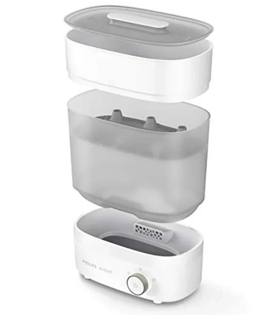 Philips Avent electric baby bottle sterilizer with lid and compartments