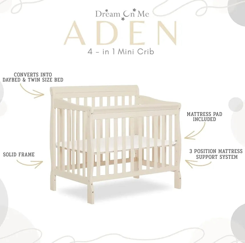 NEW Dream On Me Aden Convertible 4-in-1 Mini Crib in French White
