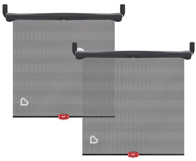 Front view of Munchkin Sun Safety Car Window Roller Shades 2pk showcasing black mesh panels and roller bars on white