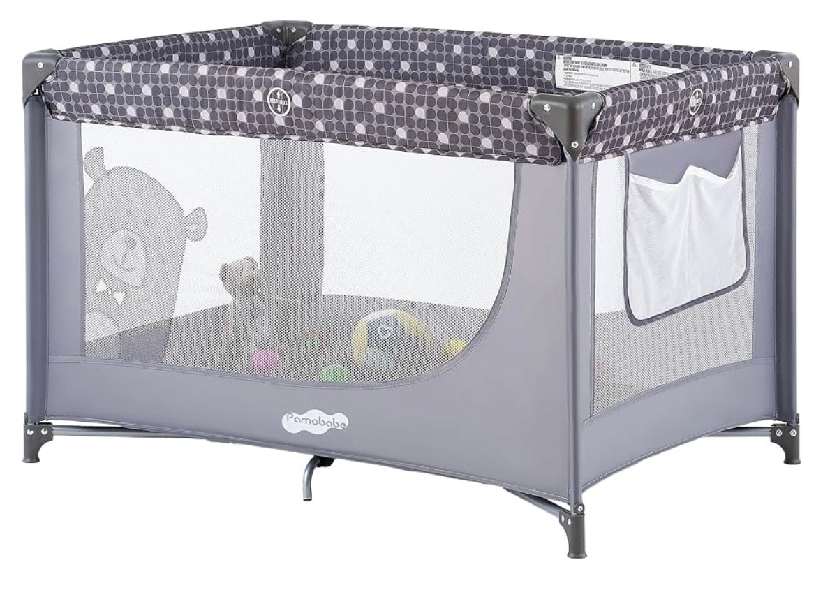 NEW Pamo Babe Portable Crib Baby Playpen with Mattress and Carry Bag in Grey