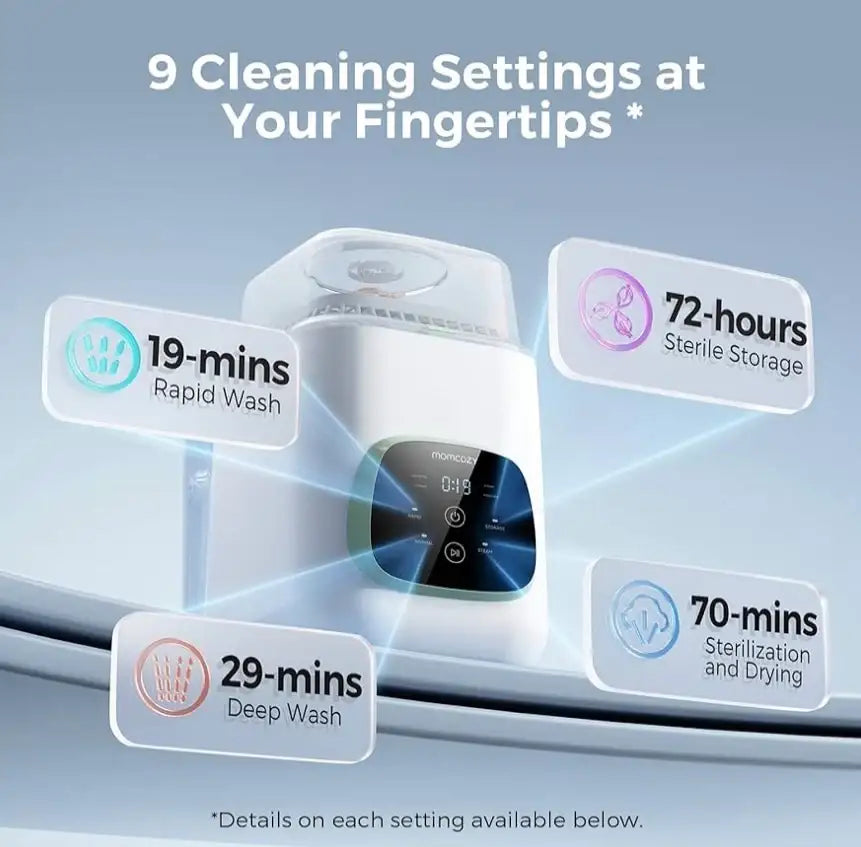 Product feature graphic showing 9 cleaning settings, including 19-minute rapid wash and 72-hour sterile storage