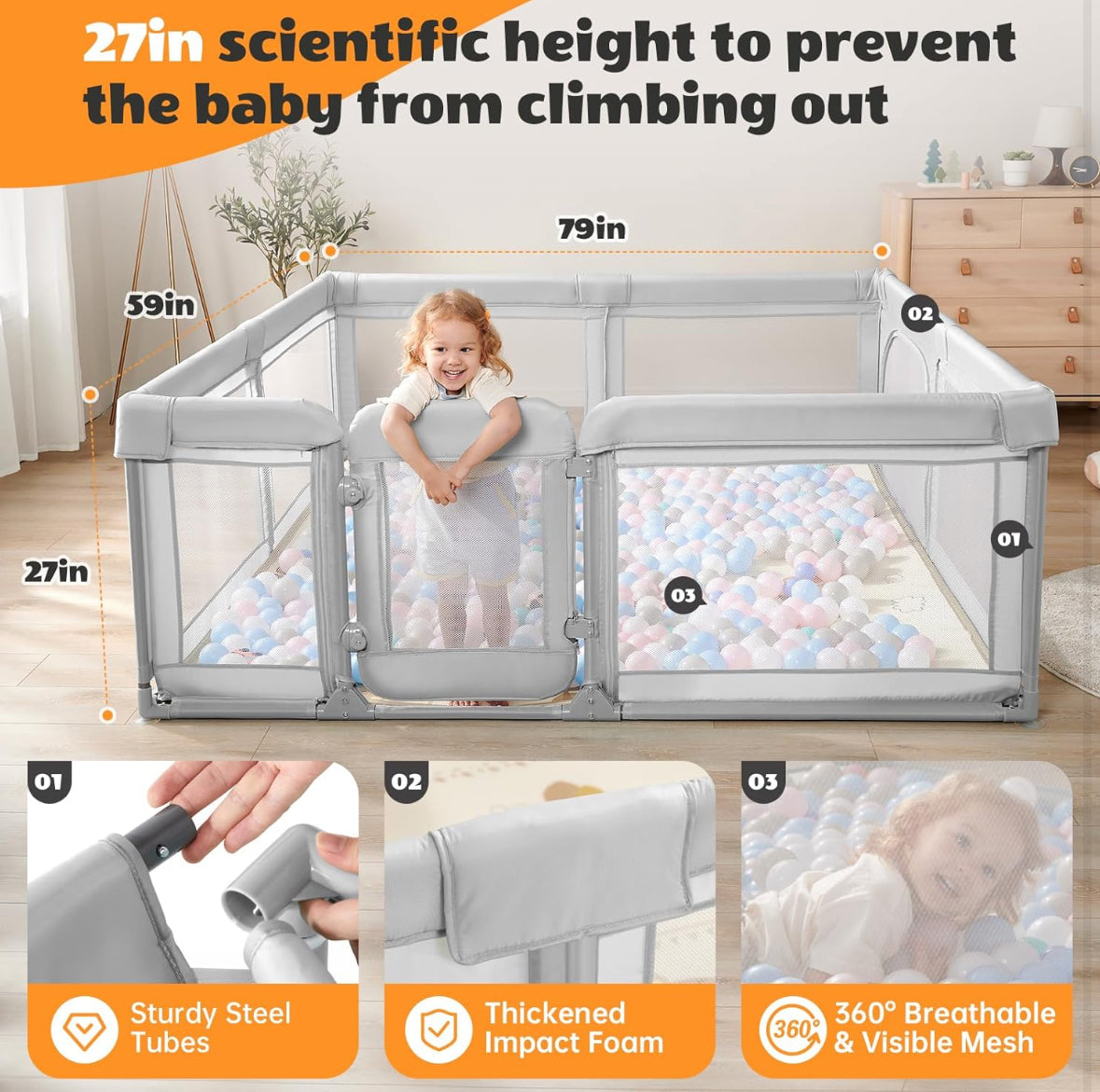 Extra Large Playpen with Safety Gate, Light Grey