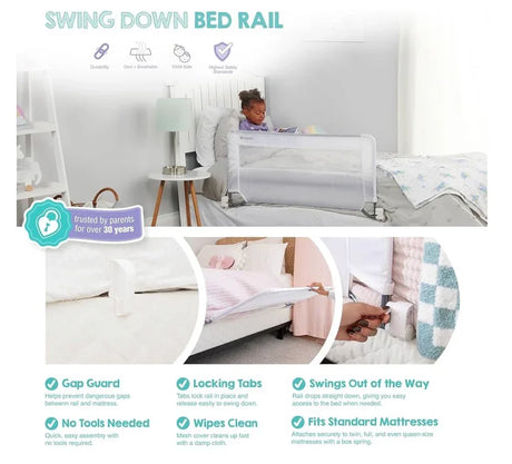 Infographic of Regalo Guardian white swing-down bed rail highlighting gap guard, locking tabs, folds down for easy access